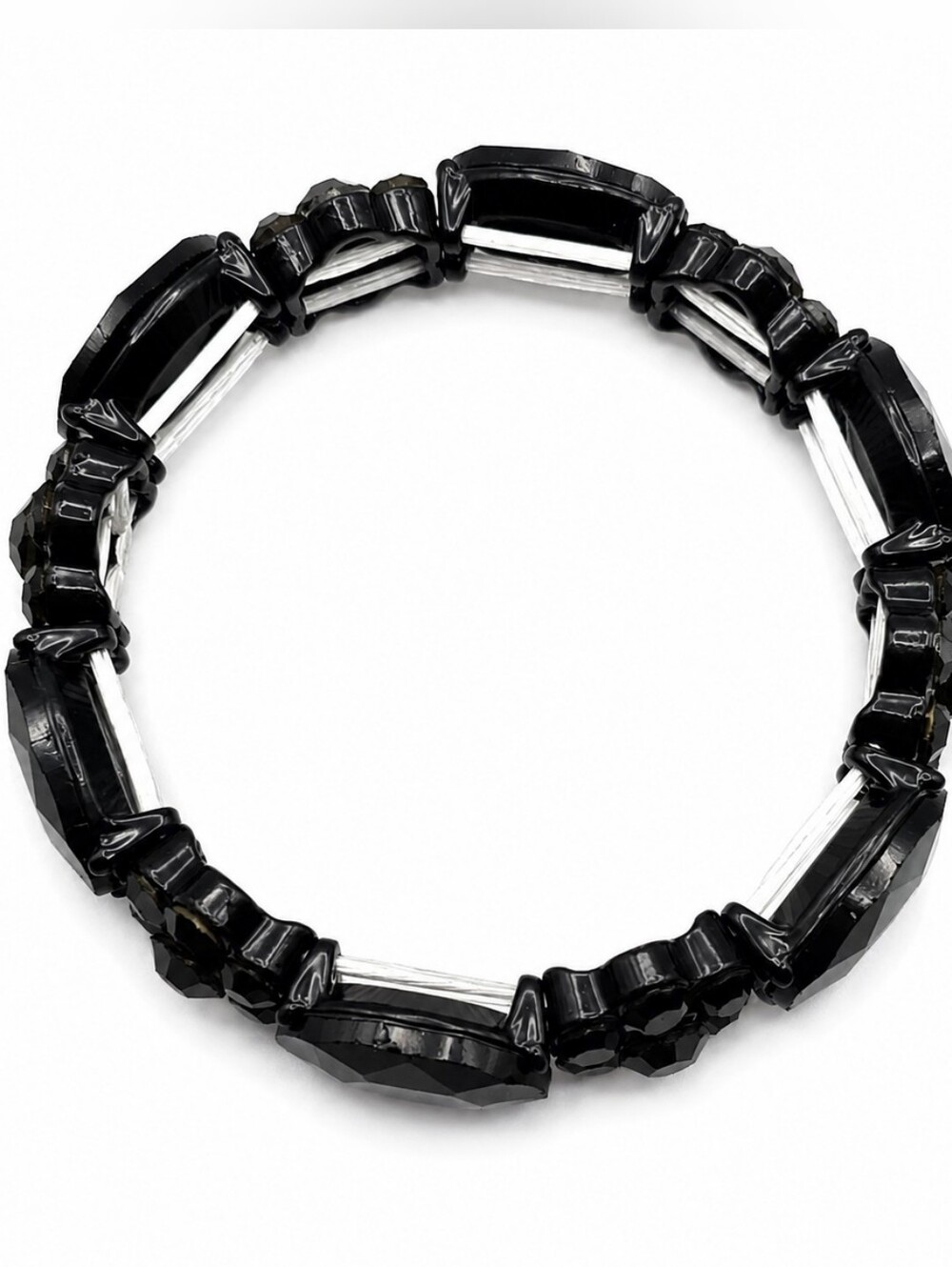 💎 Black Faceted Crystal Stretch Bracelet Jet Bead Floral Statement Bracelet - Picture 4 of 5